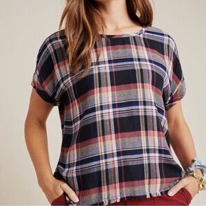 Anthropologie Multicolor Plaid Short Sleeve Top